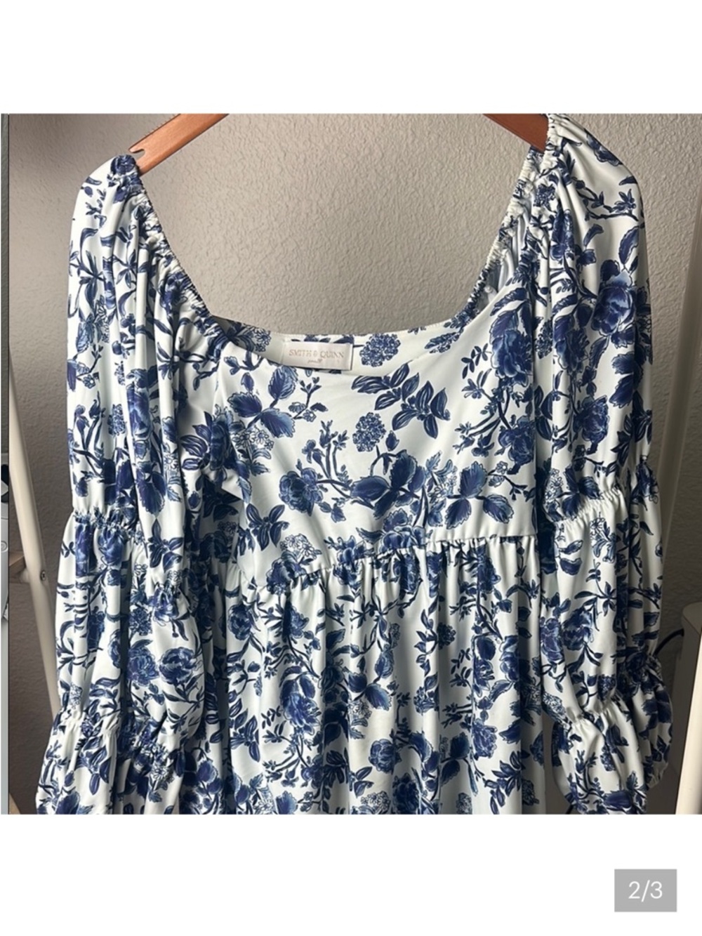 Smith & Quinn White Blue Floral Puff Sleeve Dress Breathable Midi Summer Resort - Picture 2 of 3